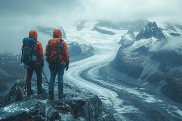 Amidst the snowy peaks, two brave hikers stand in awe of the glacial river below, guided by the misty mountain guide and equipped for their thrilling winter adventure - obrazy, fototapety, plakaty
