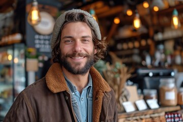 Fototapeta premium A stylish man with a warm smile stands confidently in front of a shop, exuding a sense of approachable charm with his bearded face and trendy jacket