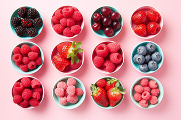 Healthy mix berries fruits clean eating selection in bowls on pastel pink background. Strawberry, Cherry, blueberry, raspberry, blackcurrant colorful fruits organic food flat lay poster