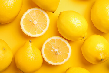 A set of sliced lemon and lemon isolated Healthy fruits and vegetables composition on pastel yellow background. Fruit minimal concept. Flat lay, top view, copy space.