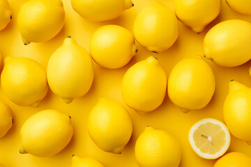 A set of sliced lemon and lemon isolated Healthy fruits and vegetables composition on pastel yellow background. Fruit minimal concept. Flat lay, top view, copy space.