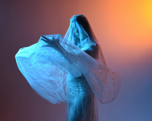 Close up portrait of beautiful model wearing white wedding gown and ghostly flowing veil like a...