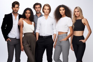 photo of diversify fashion designer in various color suit, white background. Generative AI.