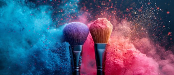 Makeup cosmetic brushes with powder blush explosion on black background. Skin care or fashion concept. Free space for your text