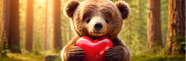 Brown Teddy Bear Holding Red Heart - Gift Of Love for Someone Special. An adorable brown teddy bear grasping a red heart-shaped symbol of love and affection. - obrazy, fototapety, plakaty