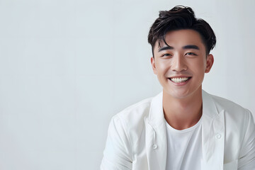 Portrait of stylish asian man, wearing casual white clothes isolated on white background. - Powered by Adobe