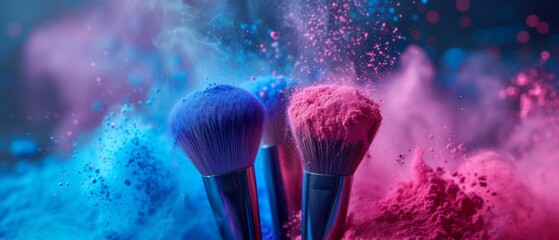 Makeup cosmetic brushes with powder blush explosion on black background. Skin care or fashion...