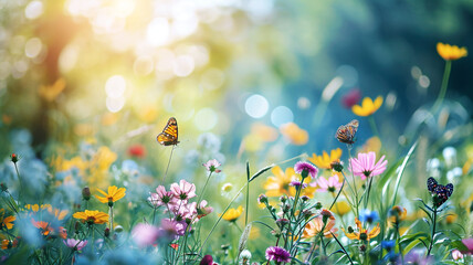 Morning meadow landscape with flowers and butterflies
