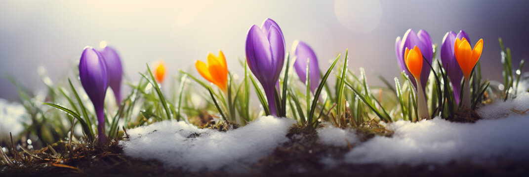 Crocus flowers emerge from the snow in early spring