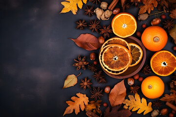  beautiful arrangement of autumn-themed items. The sliced oranges, cinnamon sticks, and leaves create a warm and cozy atmosphere. The bright color of the oranges contrasts with the dark background