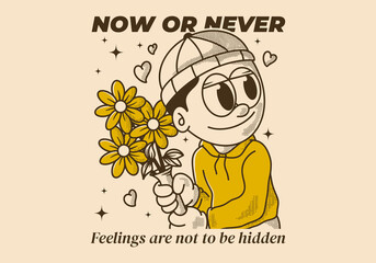 Now or never. Retro illustration of a beanie guy holding a flower
