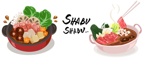 shabu-shabu, hot pot, sukiyaki vector cartoon flat design isolated EPS file for design