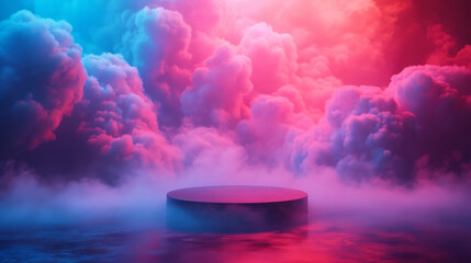 3D Round podium for the presentation of luxury product in clouds and purple smoke. - obrazy, fototapety, plakaty