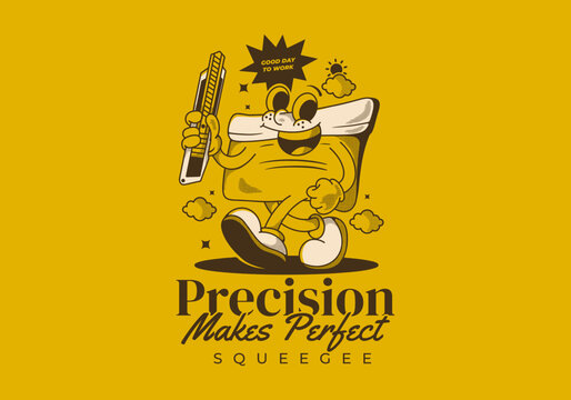 Precision makes perfect. Squeegee mascot character holding a blade, vintage style