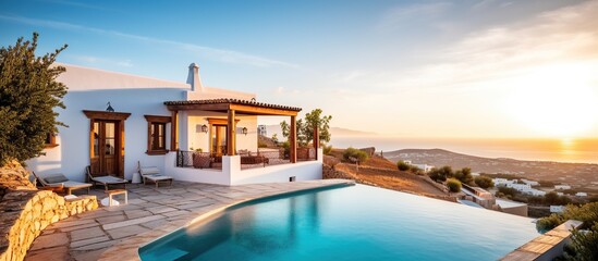 Fototapeta na wymiar white luxury villa and swimming pool with a view as a backdrop