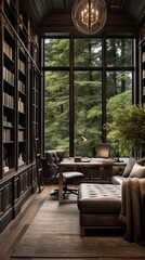 Fototapeta premium Stylish home office or library with custom built in bookshelves, comfortable seating, and inspiring views for a tranquil workspace