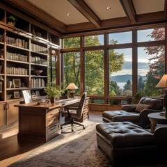Fototapeta premium Stylish home office or library with custom built in bookshelves, comfortable seating, and inspiring views for a tranquil workspace