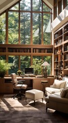Fototapeta premium Stylish home office or library with custom built in bookshelves, comfortable seating, and inspiring views for a tranquil workspace