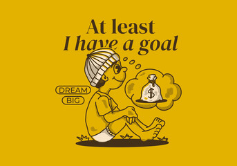 at least I have a goal. Retro character illustration of a beanie boy sitting and daydreaming