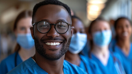 Fototapeta premium Group of young doctors, students and medical residents standing with their team in hospital hall