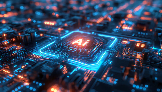 AI innovation in microchip design, AI intelligence pathways and AI data processing in a digital world.