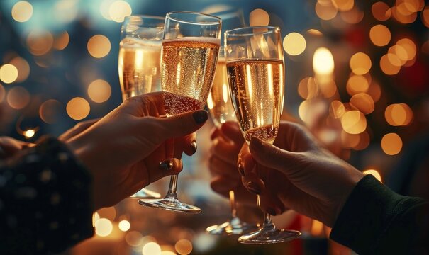 Hand holding glass of champagne, people cheering, cheers, spending a moment together with friends, party, happy moment, nightclub, restaurant, cheering, family, sparkling wine, Generative AI