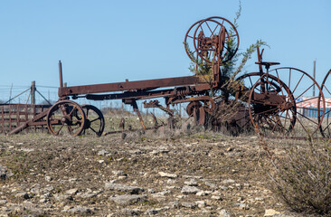 Metal frame of an old rusting tractor