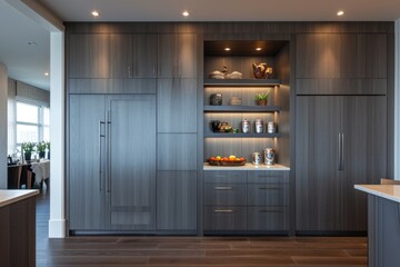 Modern kitchen with integrated refrigerator