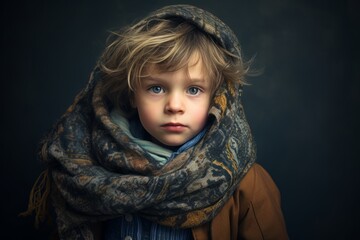 Portrait of a little boy in a warm scarf. Studio shot.