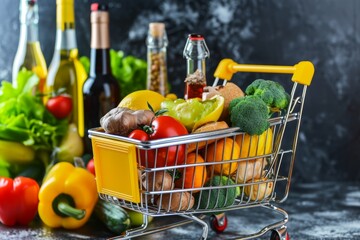 Full grocery basket on a dark background