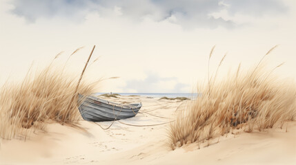boat on a sandy beach with reeds - obrazy, fototapety, plakaty