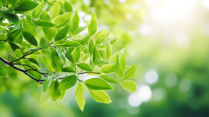 natural green leaves with bokeh spring lights background