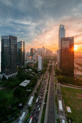 Panoramic view of jakarta City, Indonesia, with beautiful sunset. Jakarta is the largest city in indonesia that also the center of governance and business district. 