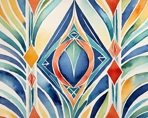 Elegant Art Deco Pattern with Folk Art Motifs and Luminous Watercolor Washes Gen AI - 722627786