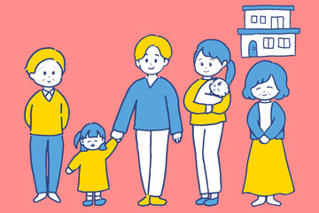 三世代家族の全身イラスト　イエローとブルーの配色　背景色あり