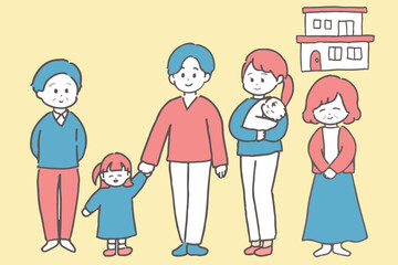 三世代家族の全身イラスト　ピンクとブルーの配色　背景色あり