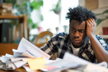 Young black man with a pile of bills or tax papers looking confused or overwhelmed, being in debt or behind on taxes or bills