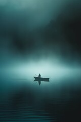 Man alone rowing his boat on a lake, with surrounded by mist