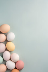 Fototapeta premium Colored Easter eggs on light pastel background top view with copy space