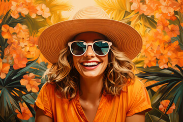 Female solo traveler in a tropical location with sunglasses and straw hat smiling in front of the tropical palms