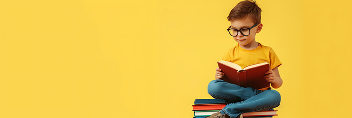 kid reading a book isolated on colored background