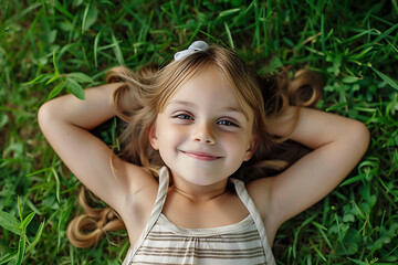 A happy girl top view lying on the grass and smiling on a sunny summer day in the park