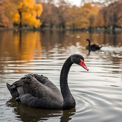 couple of black swans swimming on a lake in a park on autumn day