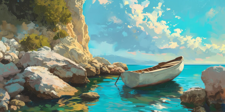 painting of old wooden boat on the water, generative AI