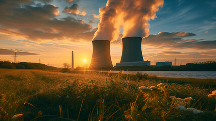Wide View of Nuclear Power Facility with Cooling Towers Releasing Steam - obrazy, fototapety, plakaty