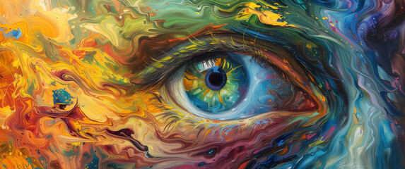 Abstract eye painted with multiple colors and thick paint strokes