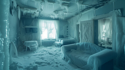 Residential Home Interior Covered in Snow and Ice Frozen Over