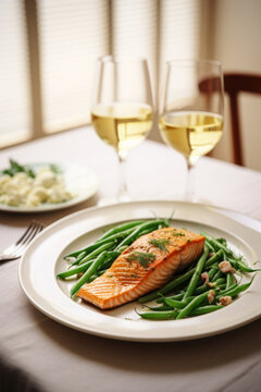 Grilled salmon with green beans on a plate served with white wine