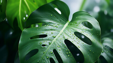 natural monstera leaves with bokeh spring lights background