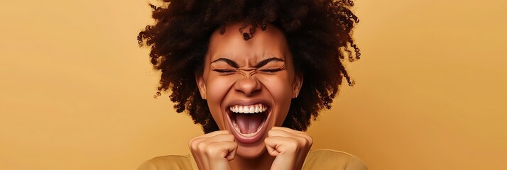 Photo of ecstatic lady shout loud yeah fist up raise win lottery isolated on color background 